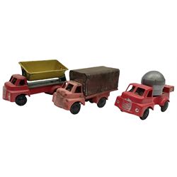 Wells Brimtoy/Pocketoy - seven tin-plate and plastic clockwork or friction-drive  vehicles comprising Milk Tanker, Greenline Coach, Liquid Oxygen Wagon, Side-Tipping Wagon, Snacks Van with drop-down counter, London Trolley Bus and covered wagon; all unboxed (7)