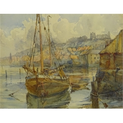  Jane Charlotte Halford (British exh.1900-1935): Fishing Boat Moored in Whitby Harbour, watercolour signed and dated 1908, 21cm x 27cm  