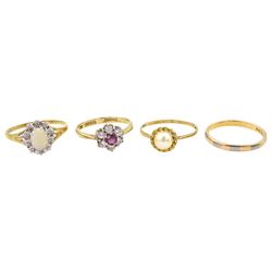 Gold opal and diamond cluster ring, single stone pearl and garnet and cubic zirconia ring, all 9ct and an 18ct gold wedding band, all hallmarked