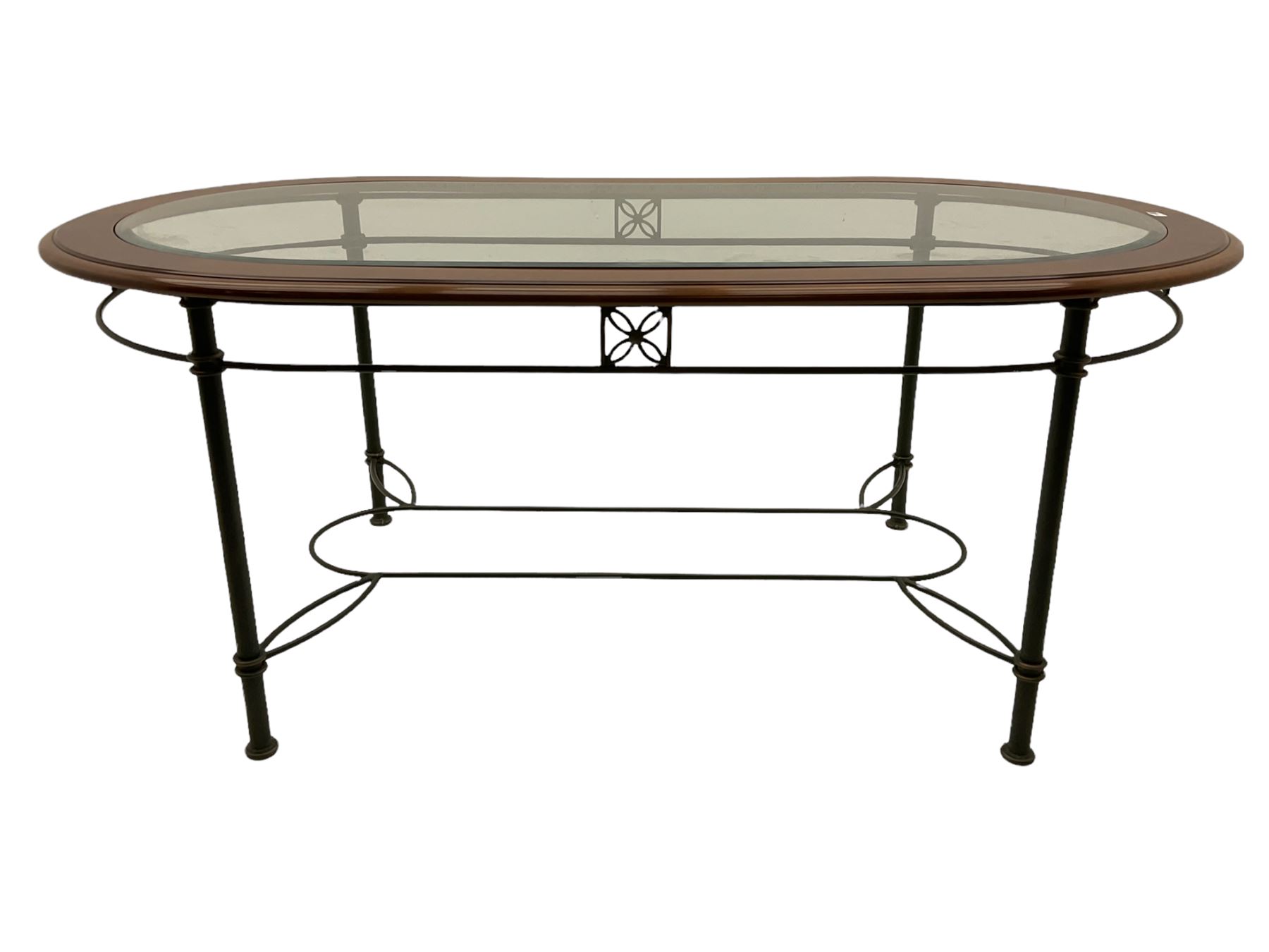 Ernest Menard - cherry wood and wrought metal dining table with glass top, and set six matching dining chairs