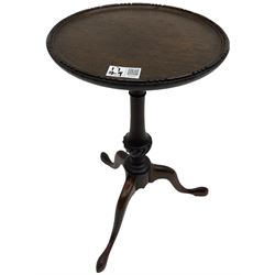 Two circular mahogany tripod wine tables, each with dished top and moulded rim, one with central fan inlay