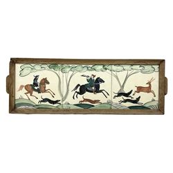Packard and Ord tile tray hand painted with a hunting scene and a wooden frame, H17cm L48cm