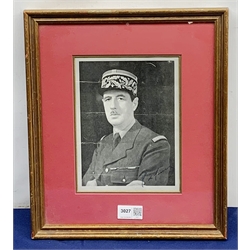 Charles De Gaulle, signed photograph, head and shoulder portrait in uniform wearing oak leaf decorated kepi 20 x 15cm, framed; with manuscript card of provenance from the French diplomat Ronald R. Ciccone in envelope marked '8 Cornwall Gardens London SW7 4AL'