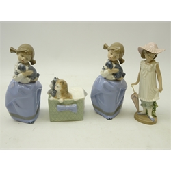  Four Nao figurines Kittens in a basket No. 1080, girl holding a puppy, another similar and a girl with parasol (4)   