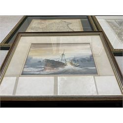 Jack Rigg (British 1927-2023): On the Quayside, signed print; together with a David C Bell watercolour and two maps (4)