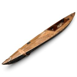 Mid-20th century varnished marine plywood two-person touring kayak, the decked hull with p...