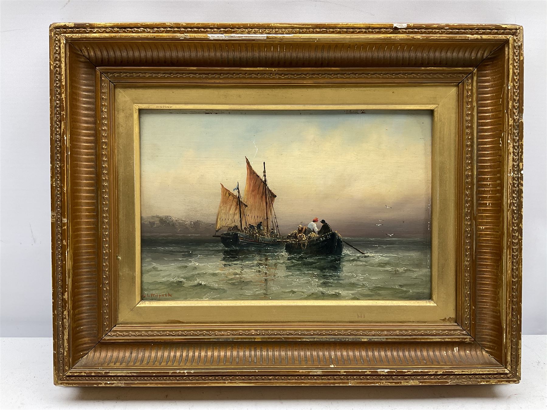 Sarah Louisa Kilpack (British 1839-1909): Fishing Boats on the Shoreline and at Sea, pair oils on artist's board signed 14cm x 22cm (2)