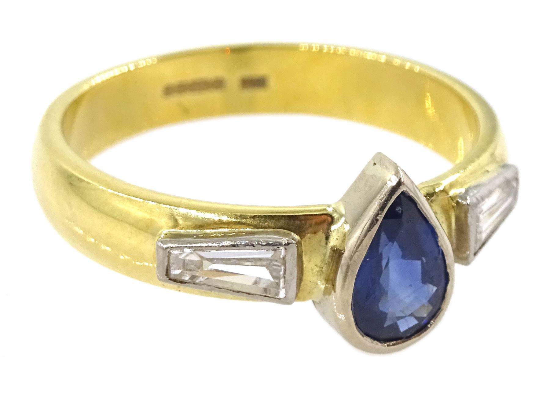 18ct gold pear shape sapphire and tapered baguette diamond ring, hallmarked