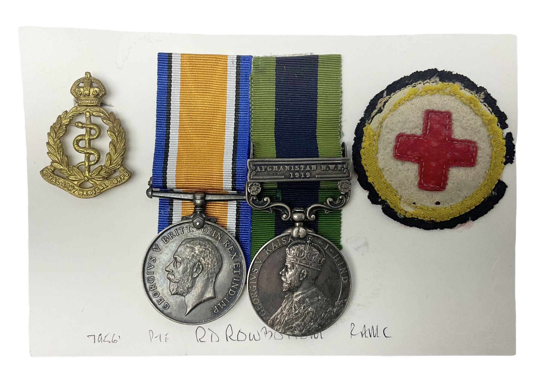 George V India General Service Medal with Afghanistan N.W.F. 1919 clasp and WW1 British War Medal awarded to 79561 Pte. R.D. Rowbottom R.A.M.C.; both with ribbons; card mounted with cap badge and Medical Corps cloth badge
