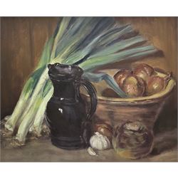 Neil Tyler (British 1945-): Still Life - Sussex Ware Jug and Vegetables, oil on canvas signed 48cm x 58cm