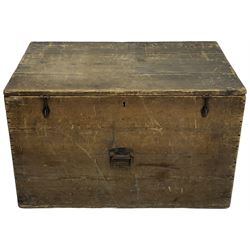 19th century pine tool chest, hinged lid, fitted with metal carrying handles