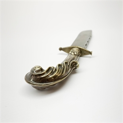 Large Bowie knife, the 20cm steel blade marked R. Coope(r?) Sheffield England, with plated crosspiece and pistol grip embossed with scrolls and anthemion, in plated and leather scabbard L33cm overall