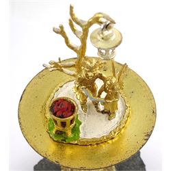 Christopher Nigel Lawrence limited edition silver and parcel gilt surprise mushroom, the textured domed cover opening to reveal two elves carolling beneath a lantern and before a fire pit set with semi-precious stones, upon a slate base, no 24/250, hallmarked Christopher Nigel Lawrence, London 1982, overall H9cm