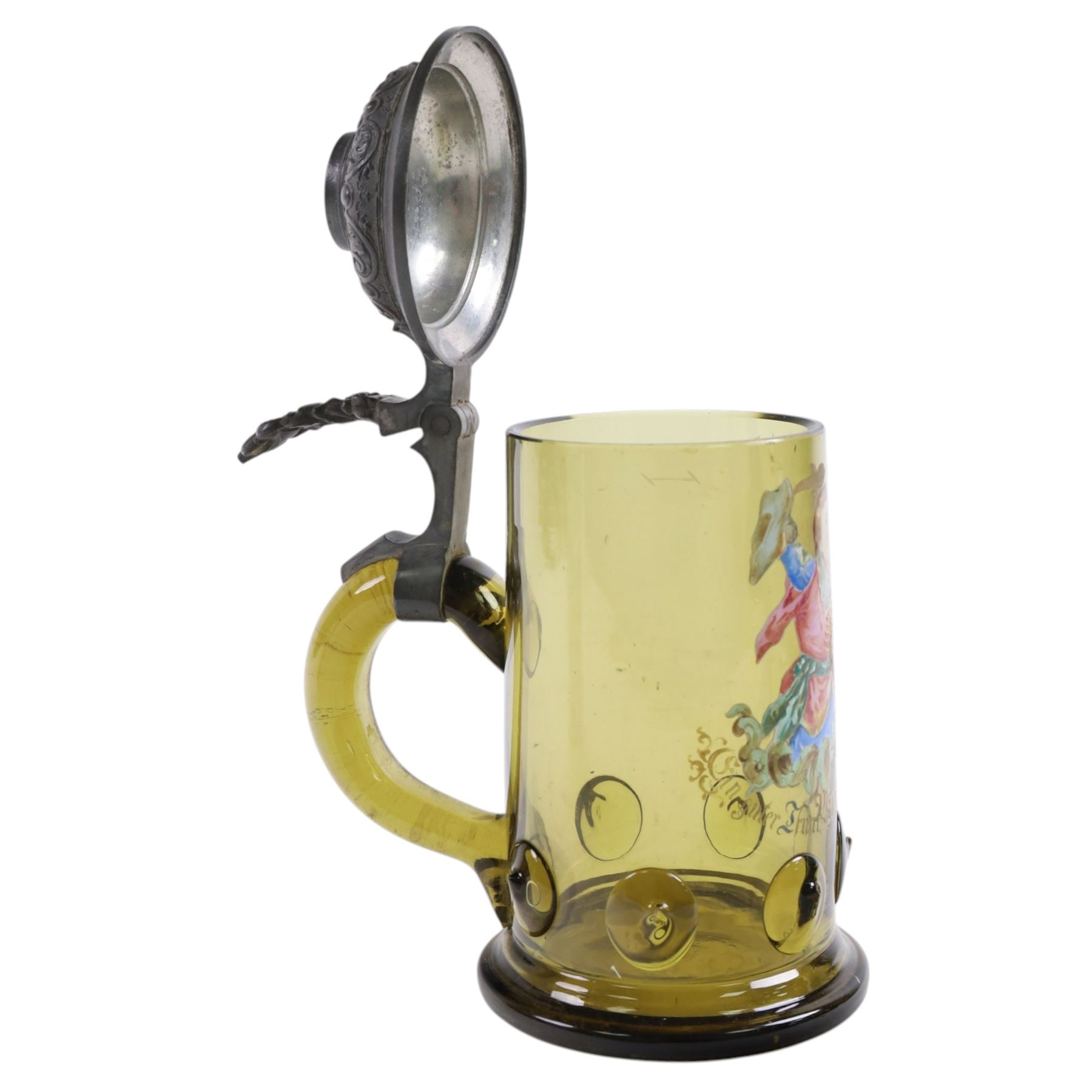 19th century German green glass stein, enamel decorated with a gentleman holding a stein, with a pewter lid, together with another smaller example decorated with a coat of arms and a Sampson style tankard