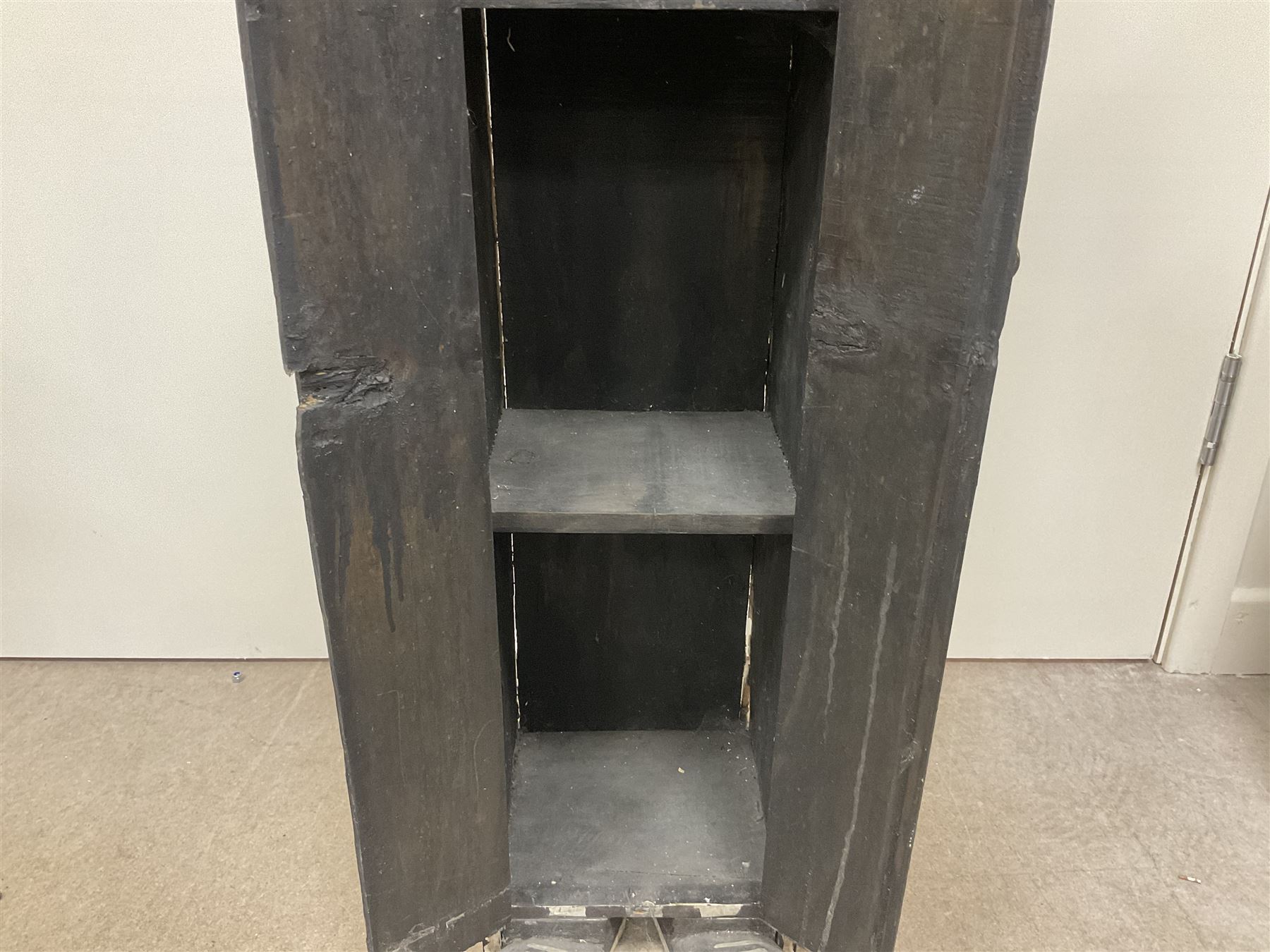 Folk art circus clown cabinet, the the two hinged doors with bow tie decoration opening to reveal fitted shelved interior, the body painted with polka dots and spades, H121cm