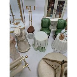 Dolls house bathroom and bedroom furniture, including bed, wardrobe, dresser filled with toiletries, shower, five figures, etc 