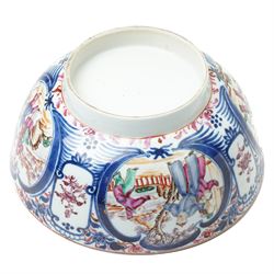 19th century Chinese famille rose punch bowl, decorated with panels of traditional scenes within blue decoration, D26cm 