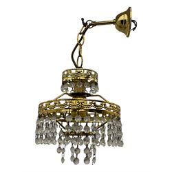 Collection of vintage and modern light fixtures, including copper pendant light, brass five-arm chandelier, hanging lantern and two small chandeliers with hanging faceted droplets (6)