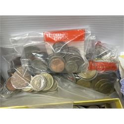 Great British and World coins, including pre-decimal coinage, pre-Euro coinage, United States of America etc, various stamps on pieces etc