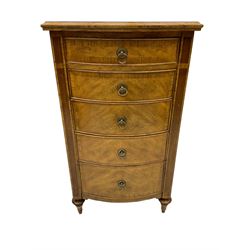 Frank Hudson - mid-20th century Mindi ash and burr walnut bow-fronted lingerie chest, crossbanded hinged top concealing vanity mirror, over five graduated cockbeaded drawers, raised on turned supports