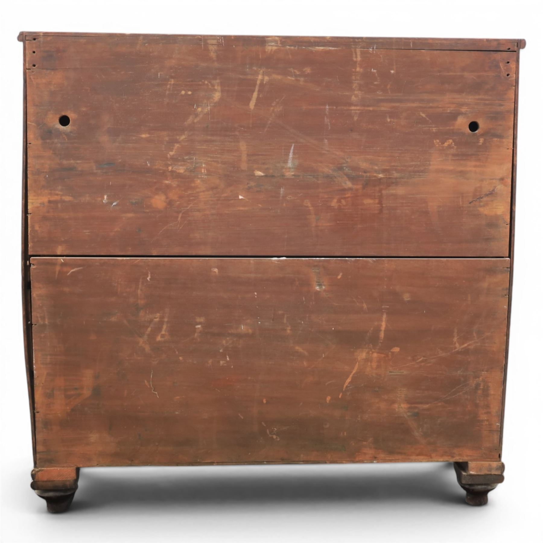 Early 19th century mahogany secretaire-bookcase, projecting cornice above astragal glazed cabinet with adjustable shelved interior, fall front secretaire drawer, fitted interior with pigeonholes and drawers, flame mahogany fronted cabinet with three drawers, on turned supports 