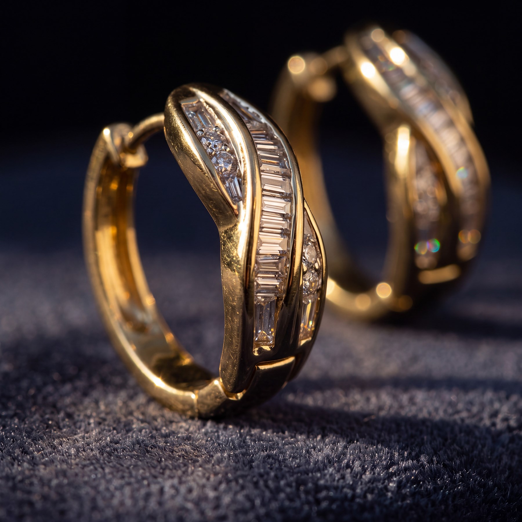 Pair of 14ct gold diamond crossover hoop earrings, each set with tapered baguette and round brilliant cut diamonds, stamped