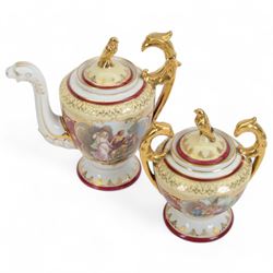 Vienna porcelain cabaret service for four, comprising tray, teapot, covered sucrier, milk jug, cups and saucers 