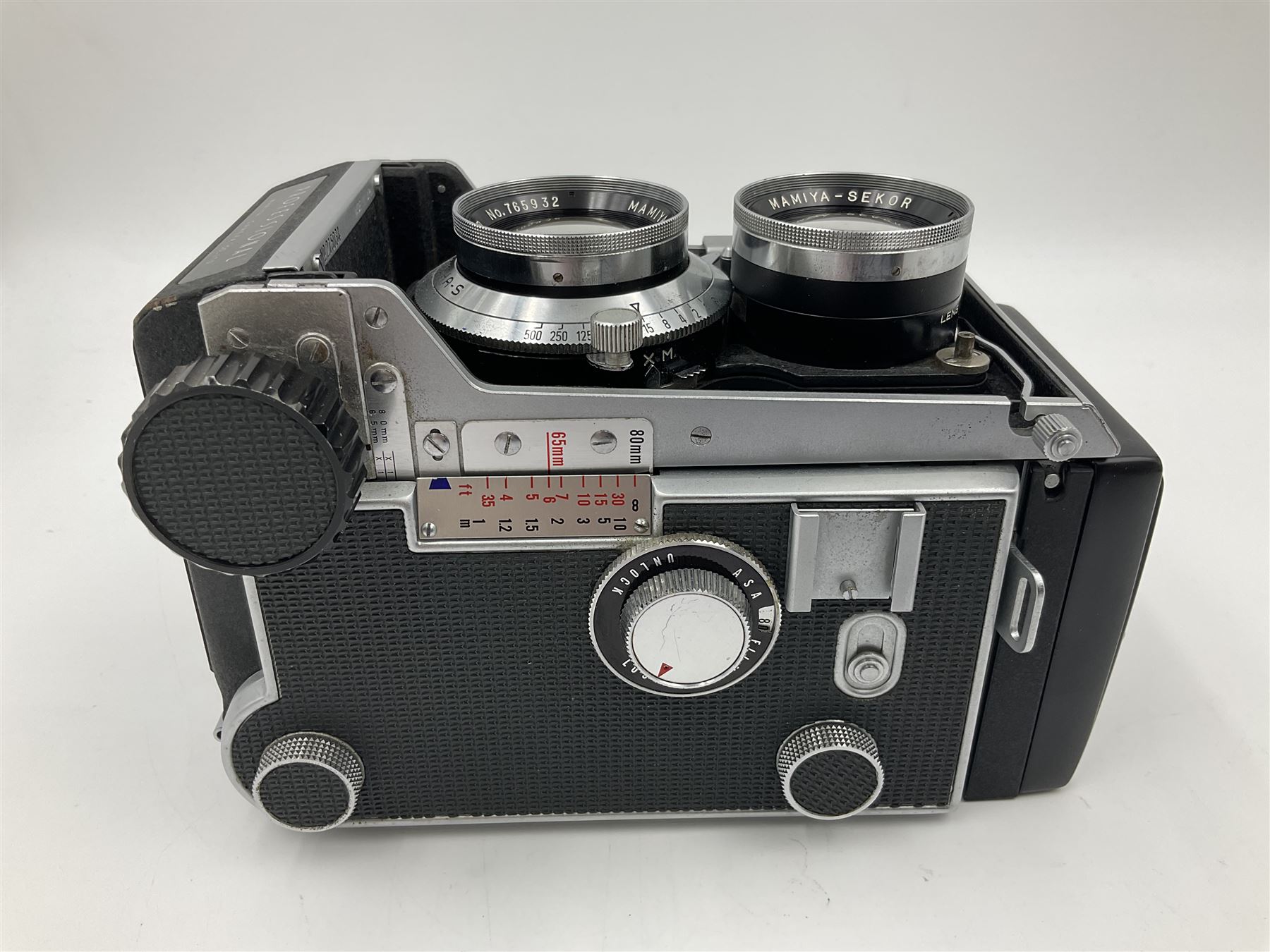 Mamiyaflex C3 TLR camera body, serial no. 215034, with 'Mamiya Sekor 1:2.8 f80mm' lens serial no. 765932