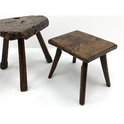 Collection of three mid 20th century stools by Jack Grimble of Cromer - rectangular tooled oak seat on four splayed supports (38cm x 31cm, H35cm), circular tooled burr oak seat on three supports (D29cm, H35cm), shaped burr top on three supports (L44cm, H45cm), each signed underneath