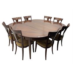 Grange Furniture - cherry wood finish oval extending dining table on square tapering supports, and a set of eight dining chairs with curved backs and upholstered seats 