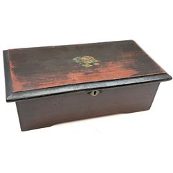 Late 19th century Swiss musical box for restoration with lever wind 9cm barrel, 8.5cm comb with thirty-two teeth and six-air dial, serial no.8212, ebonised and stained case with interior glazed hinged lid L32cm