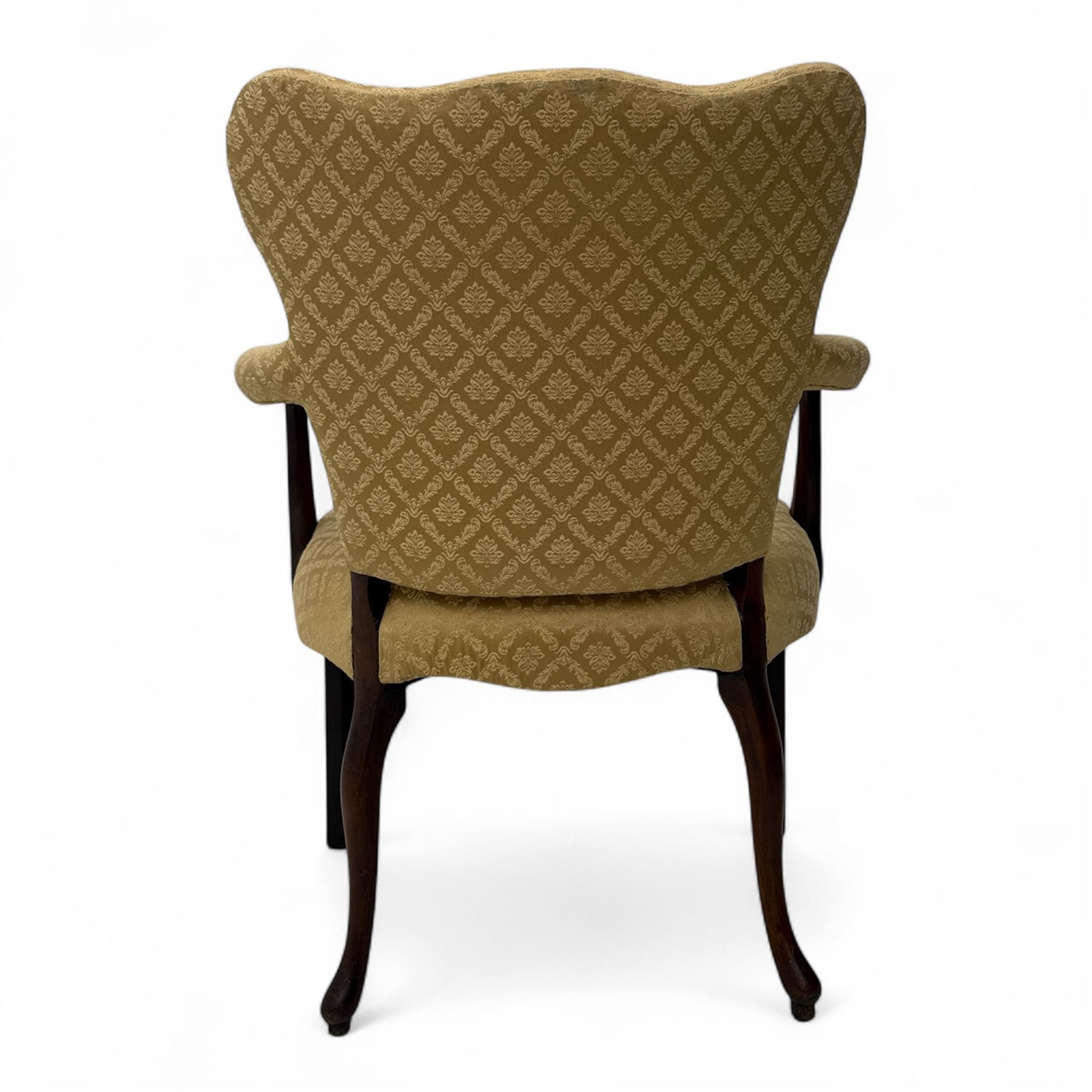 Pair of 19th century Hepplewhite style armchairs, shaped serpentine back over seat upholstered in gold damask fabric, with padded outswept arms and serpentine front rail, on moulded mahogany foreleg