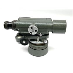 Black finished monocular microscope by Prior London No. 17372,  with pitchfork base and rack and pinion focusing, in original fitted wooden case with additional lenses, H32cm, together with Watts dumpy level, no. 116249, in a leather case