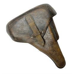 WWII German brown leather holster with side magazine pouch for a Walther P.38 semi-automatic pistol, stamped P38 and OWX 1941 on back L24.5cm