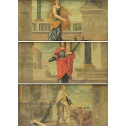 Italian School (17th/18th century): Classical Terrace scenes with Figures of Saints Margaret Catherine and Barbara, set of three oils on oak panels unsigned 11cm x 24cm (3)