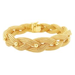 18ct gold plaited mess and bead design bracelet, stamped 750