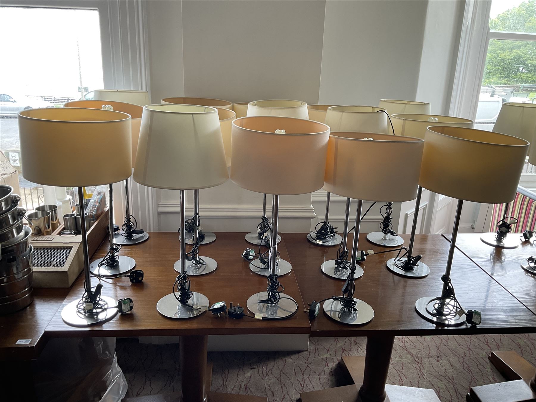 Set of fifteen chrome table lamps with various shades (15)- LOT SUBJECT TO VAT ON THE HAMMER PRICE - To be collected by appointment from The Ambassador Hotel, 36-38 Esplanade, Scarborough YO11 2AY. ALL GOODS MUST BE REMOVED BY WEDNESDAY 15TH JUNE.