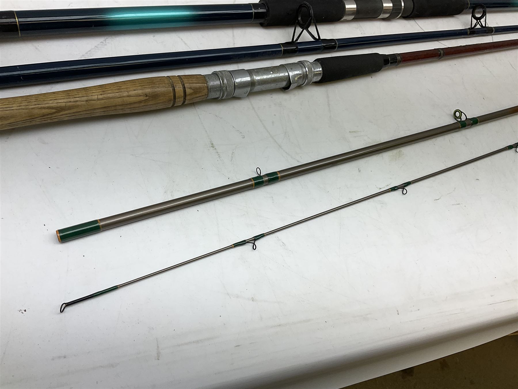 Shakespeare 'Composite Beachcaster 1332-300' 10ft two piece rod with Shakespeare alpha reel, Elastiglas two piece fly rod, Ryobi Masterline carbon fibre 'Pioneer PIF 85 Fly 8' 6