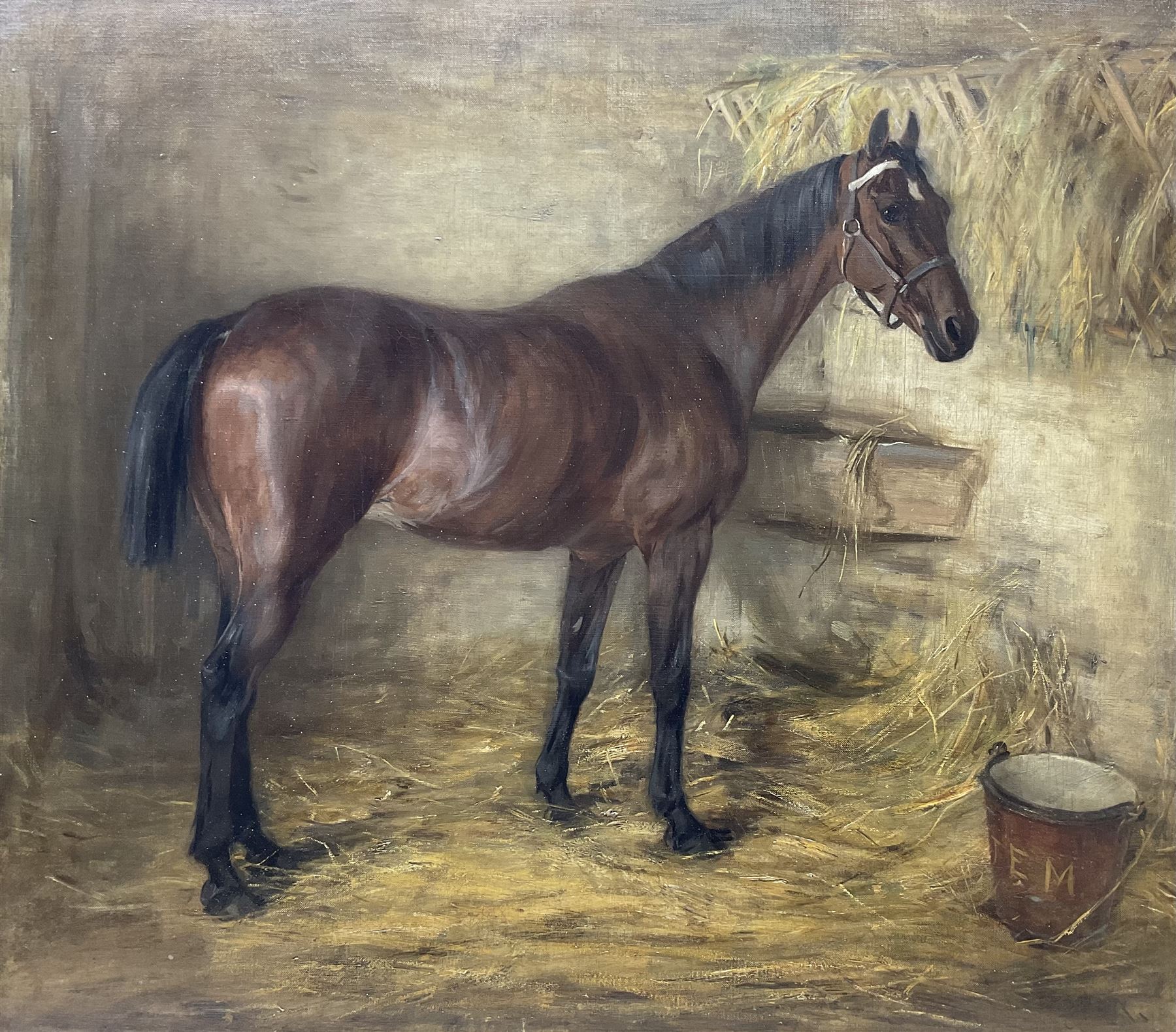 J E M (Early 20th century): Portrait of a Bay Hunter in Stable setting, oil on canvas signed with initials on the water bucket 72cm x 82cm 