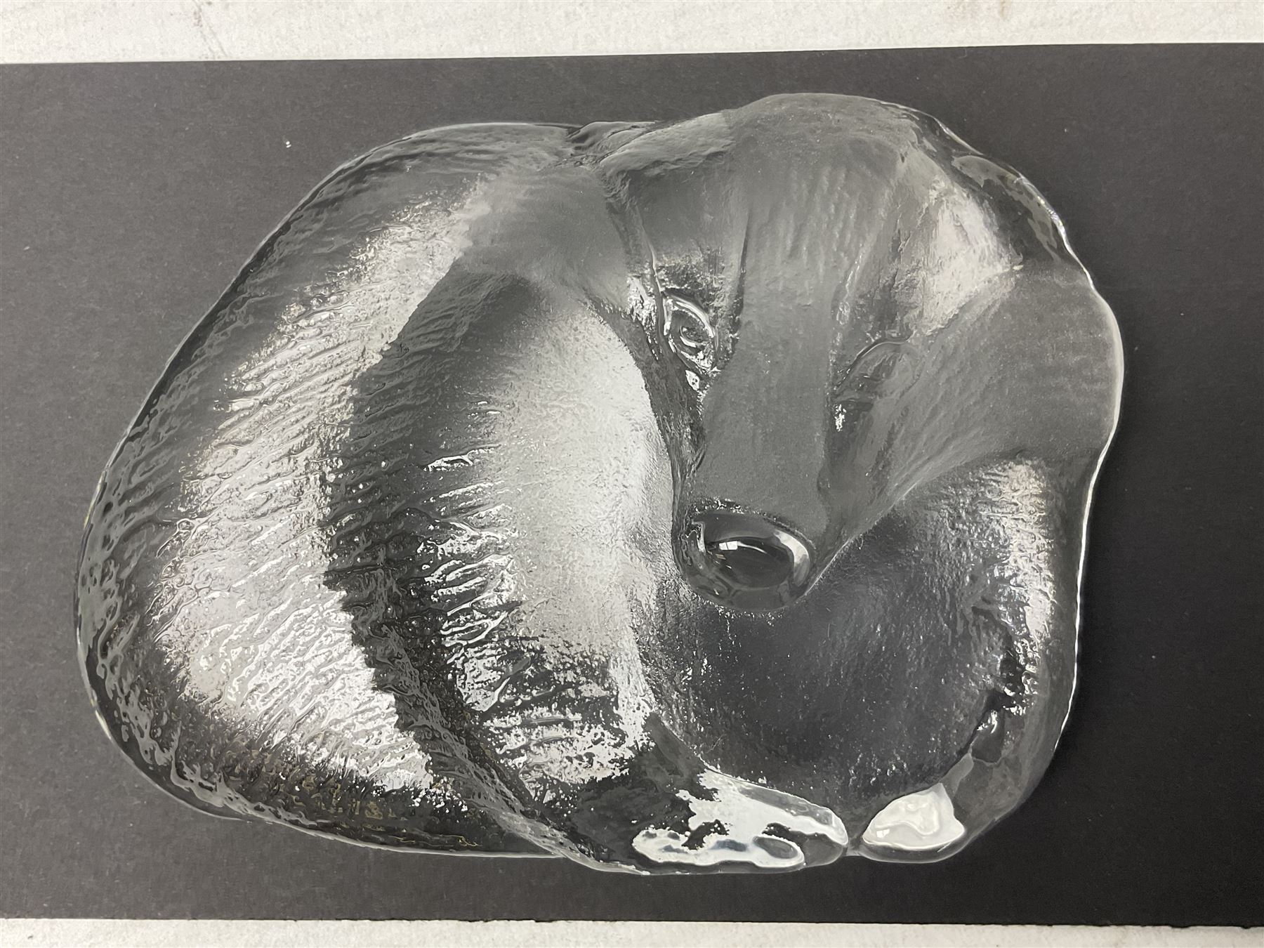 FM Ronneby Sweden large bear paperweight, together two glass penguins, one signed, small Hadeland bear and other glass animals. FM bear H9cm 