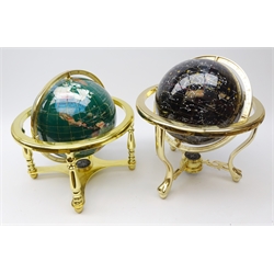  Celestial & Terrestrial gemstone inlaid Globes on polished brass stands, H38cm max (2)  