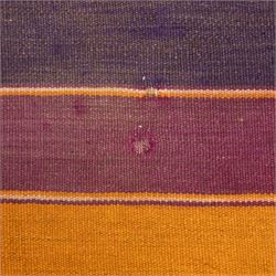 South West Persian Qashqai flatweave kilim, field decorated with bold horizontal bands in shades of aubergine, plum and orange, ochre, olive and lilac, interspersed with narrow registers of diagonal chevron motifs in cream and dark brown, framed by brown end panels, with fringe ends 