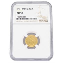 United States of America 1861 Liberty head type 2 gold two and a half dollar coin, encapsulated and graded AU58 by NGC