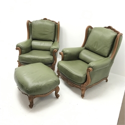 French walnut framed three seat sofa, shaped shell carved cresting rail, serpentine seats, upholstered in a studded green leather (W200cm) and pair matching armchairs (W90cm) and footstool