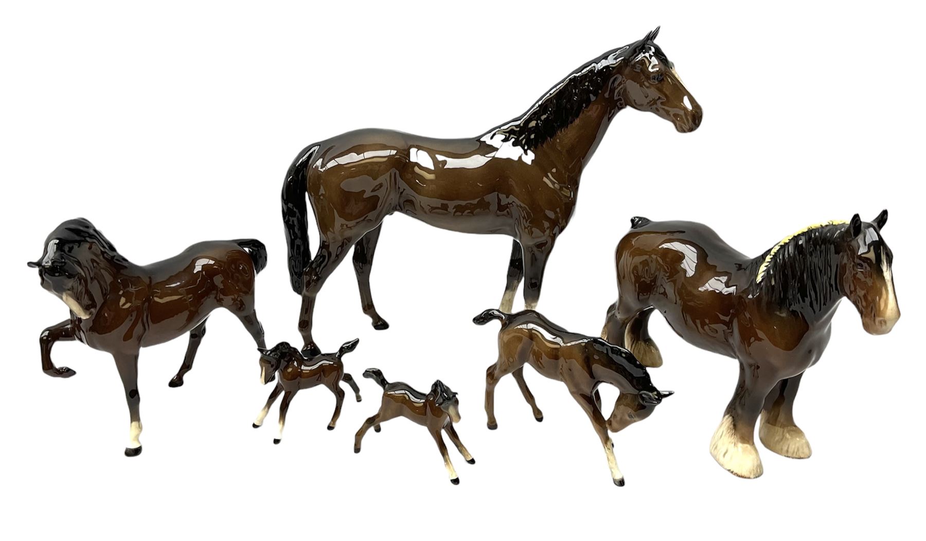 Six Beswick figures of bay horses, including large hunter no.1734, Shire horse no.818, horse with tucked head no.1549, etc (6)