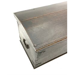 18th century large oak domed trunk, hinge lid enclosing interior, fitted with cast iron handles and joints 