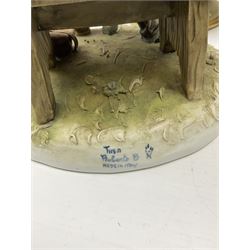 Four Capodimonte figures, comprising Shoemaker by T Galli, Tramp on Bench by Roby B, The Fiddler by Maria Angela, and Gypsy Dancers by Sandro, each with accompanying certificate, plus a Beswick matt glazed horse, and small Beswick pheasant. 