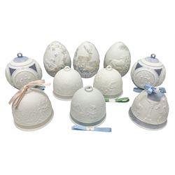Ten Lladro bells and eggs, comprising set of four Bells by Season; Spring no 7613, Summer no 17614, Fall no 17615 and Winter no 17616, Christmas bell 1990, no 5641, two Christmas Balls 1988 no 1603, and three easter eggs, 1994, 1995 and  1996