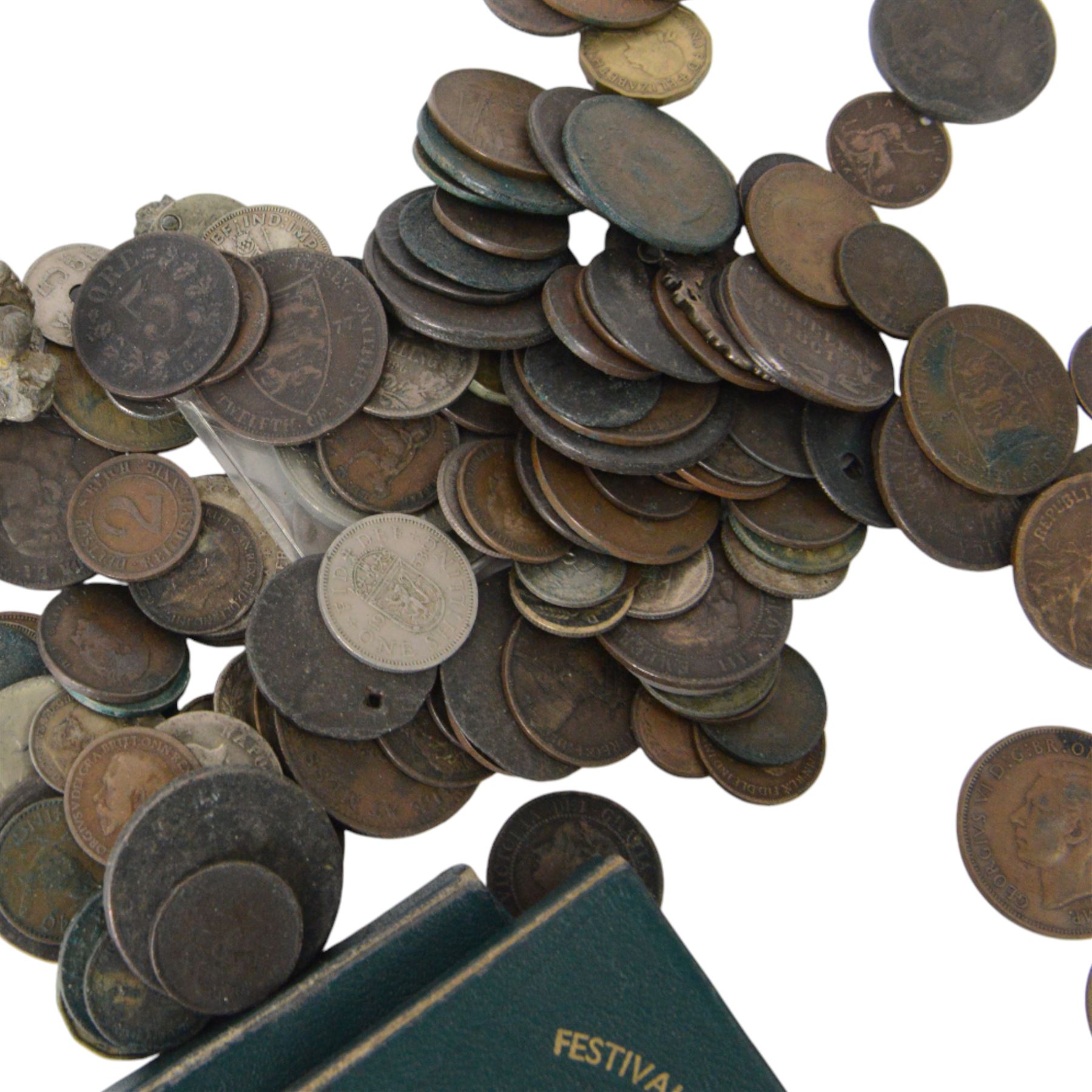 Group of silver, including three napkin rings, three spoons, sugar tongs, three thimbles, vesta case, chain and fob, together with a collection of coins