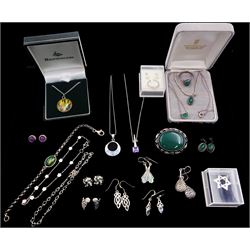 Silver and silver stone set jewellery including green agate brooch, pair of pendant earrings, two necklaces and ring, enamel abstract design pendant necklace and similar bracelet and ten pairs of earrings etc